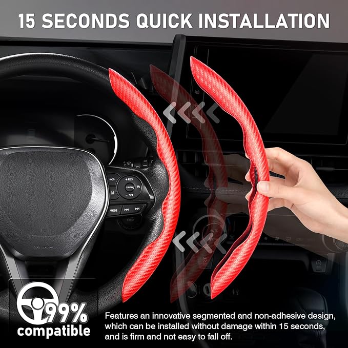 Steering Wheel Cover, Carbon Fiber Steering Wheel Cover, Car Steering Wheel Cover for Men/Women, Anti-Slip, Comfortable Grip, Durable, Universal for 99% Car Interior Accessories (Red)