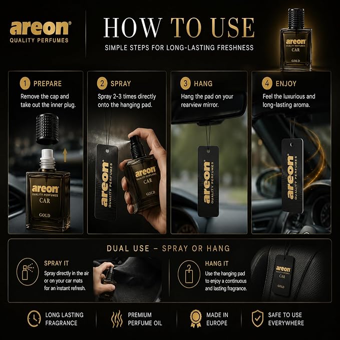 Car Perfume Gold - Air Freshener in Glass Bottle - Luxury Odor Eliminator Spray with Absorber Hanging Pad - Unique Fragrance & Long-Lasting Aroma for Vehicle, Office, Home - Made in Europe, 50ml
