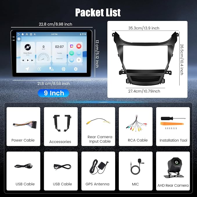 4+128G Android 15 Car Stereo for Hyundai Elantra 2014-2016, 9” Touchscreen Radio with CarPlay, Android Auto, Bluetooth, GPS Navigation, WiFi, DSP, FM, RDS + AHD Backup Camera
