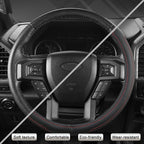 Car Steering Wheel Cover for Ford F-150, F-250, F-350, Expedition (Black +Red-Large Size)
