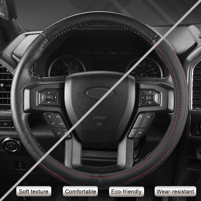 Car Steering Wheel Cover for Ford F-150, F-250, F-350, Expedition (Black +Red-Large Size)