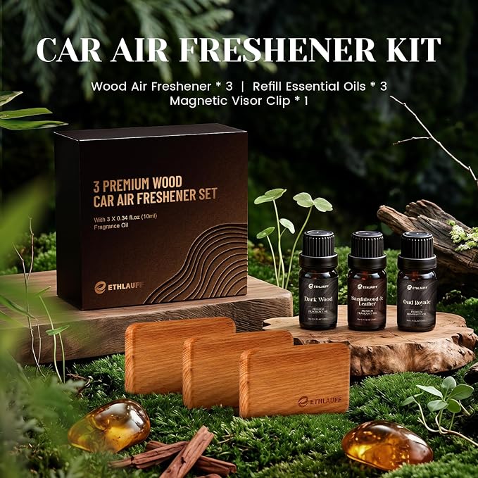 Car Air Freshener - Wood Air Freshener - Pack of 3 (Dark Wood,Sandalwood & Leather,Oud Royale)-CLIP INCLUDED