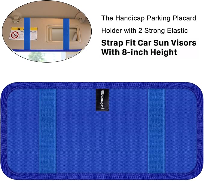 Handicap Placard Holder for Auto, Disabled Parking Permit Sign Protector for Car Sun Visor with Note Paper Slot, Pen Holder and Elastic Strap - Blue