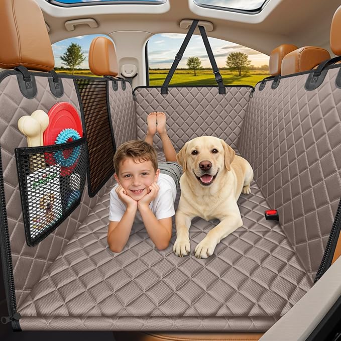 Backseat Extender for Dogs - Hard Bottom Dog Car Seat Cover for Back Seat, Dog Hammock for Car and SUV, Pet Rear Seat Protector Dogs Travel Bed with Mesh Window & Side Flaps