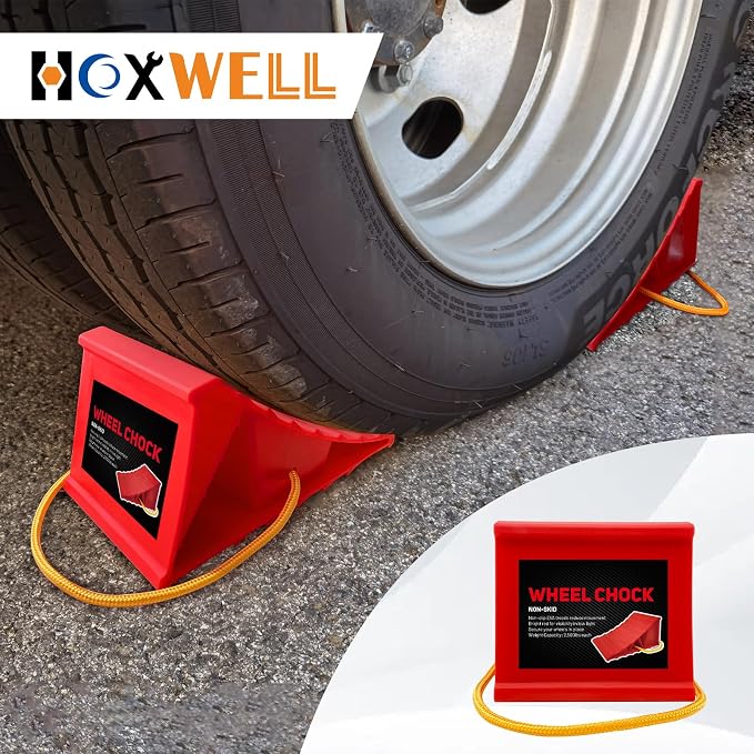 2 Pair Wheel Chocks for Travel Trailers, Non Slip Heavy Duty Red Wheel Chock with Rope, Lightweight Wheel Stoppers for Cars Campers Trucks RVs, Easy to Carry & Suitable for Most Tyre Sizes