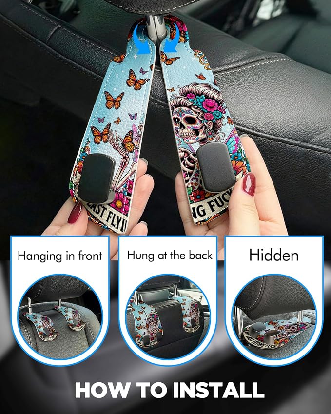 Purse Holder for Car, 2 Pack Heavy Duty Purse Hanger for Car, PU Leather Car Seat Hooks for Purses and Bags, Cute Skeleton Headrest Organizer for Handbags & Backpacks