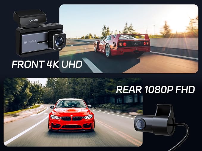 4K Dash Cam Front and Rear, 64GB SD Card, Dual Dash Camera for Cars with Wi-Fi, GPS, ADAS, BSD, LCA, 3’’ IPS Display Car Camera, APP & Voice Control, Night Vision, 24H Parking Mode