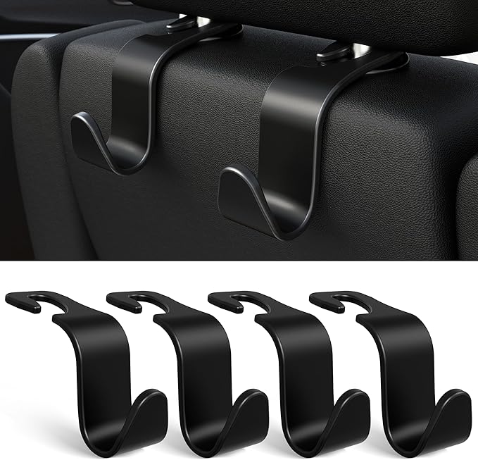 4-Pack Car Headrest Hooks Vehicle Storage Organizer for Purses Handbags Groceries Backpack Coats –Holds 55lbs 360° Rotating Black