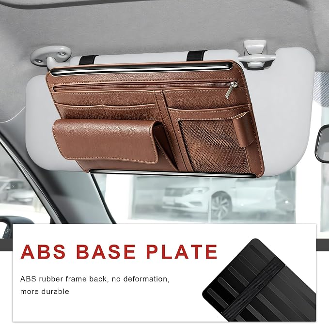 Car Sun Visor Organizer, Scratch-Resistant Auto Visor Glasses Storage Bag with Multi-Pocket Net Zipper, Waterproof Leather Sunshade Organizer Card Holder for Most Vehicles (Brown)