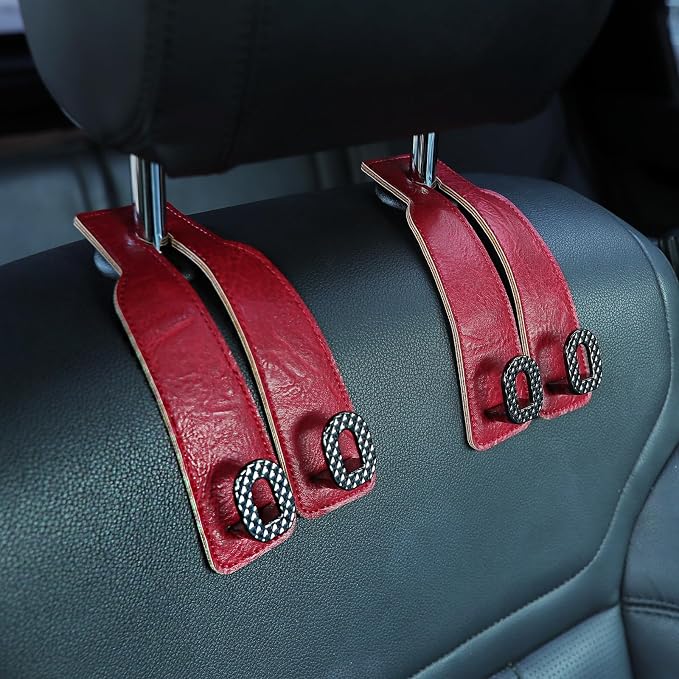 Car Headrest Hooks Universal Car Purse Hook Premium Leather and Alloy Twin Hook Car Seat Back Storage Hanger Hook for Purse Bags Cloth Drink Durable Holder Car Accessories (BH09-Red-Black)