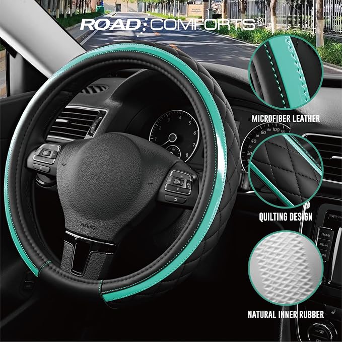 Leather Steering Wheel Cover – Black & Green Universal Fit 14.5-15 Inch, Microfiber Leather, Anti-Slip & Breathable Design for Men and Women