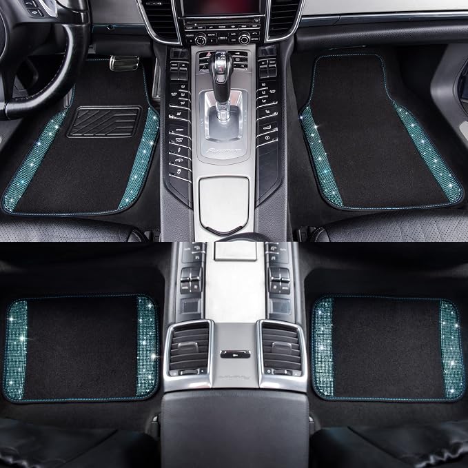 Bling Rhinestones Diamond Waterproof Car Floor Mat, Crystal Sparkly Shining Glitter Carpet, Anti-Slip PVC Heel Pad Universal for Interior Auto SUV,Sedan,Van,4pcs Girly Women Mint Teal Diamond