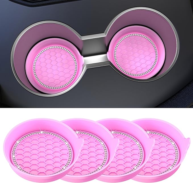 Car Cup Coaster Universal Non-Slip Cup Holders Bling Crystal Rhinestone Car Interior Accessories 4 Pack Pink