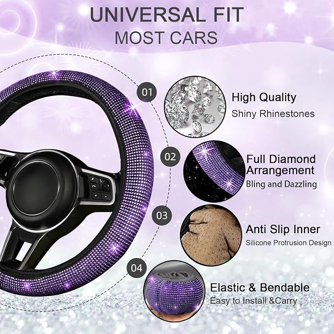 12 Pcs Bling Car Accessories Set for Women Car Floor Mats Full Set Steering Wheel Cover Seat Belt Covers Coasters Universal Fit Car SUV Truck Van Purple