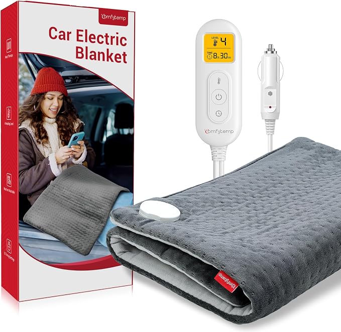 12V/24V Car Electric Blanket for Back Soothing 17" x 33", 4 Heat Settings, 11 Auto-Off, Portable Mini Travel Blanket for Shoulders Neck Hip, Truck, SUV, Washable for Driver Men Women Winter