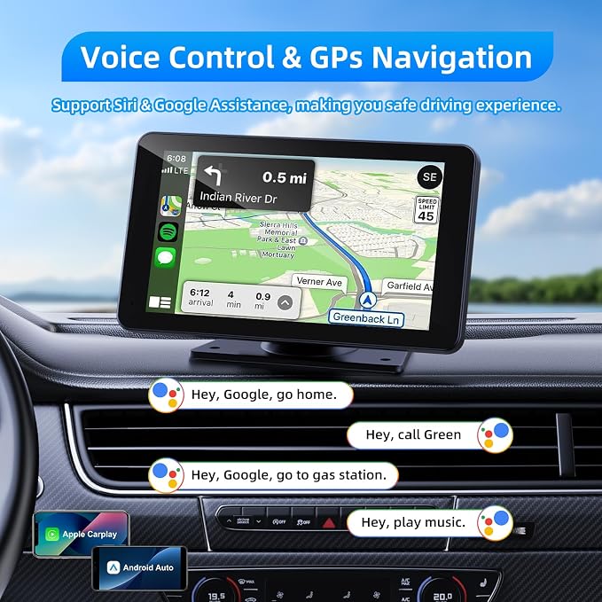 Wireless Carplay and Android Auto Screen for Car, 7" HD Portable Touch Screen Car Stereo with Bluetooth, Backup Camera, Navigation, Mirror Link for All Vehicles