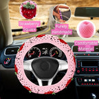 Crochet Steering Wheel Cover Set,Cute Car Steering Wheel Cover Boho 14-15in,Pink Strawberry Granny Square Pattern,Women Car Accessories (Pink (Steering+Shift Knob) Cover)