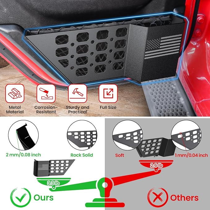 Metal Rear Door Pocket Storage Box for Jeep Wrangler JL JLU 4XE 2018-2026 & Gladiator JT 2020-2023 2023 2024 2025 2026 Accessories Door Storage Organizer Molle Panels, Flag, 2PCS