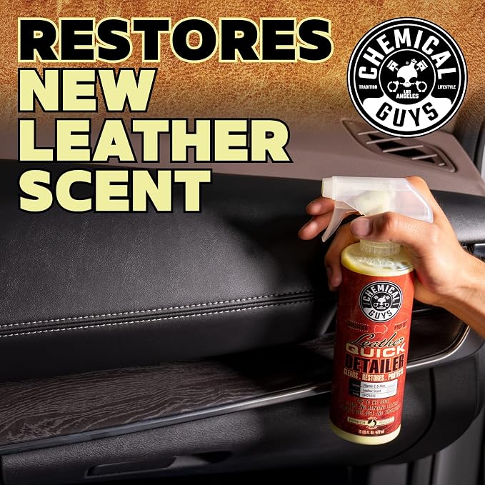 Leather Quick Detailer - Interior Cleaner and Conditioner for Natural, Synthetic, Pleather, and More, Safe for Car Seats, Furniture, Apparel, Shoes & Boots, Leather Scented - 16 fl oz