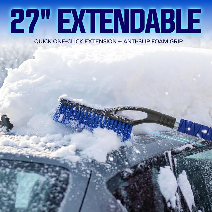 2 Pack 27" Multi-Purpose Ice Scraper and Extendable Snow Brush for Cars with Foam Grip and 360-Degree Pivoting Brush Head, SJEG-SB27X2