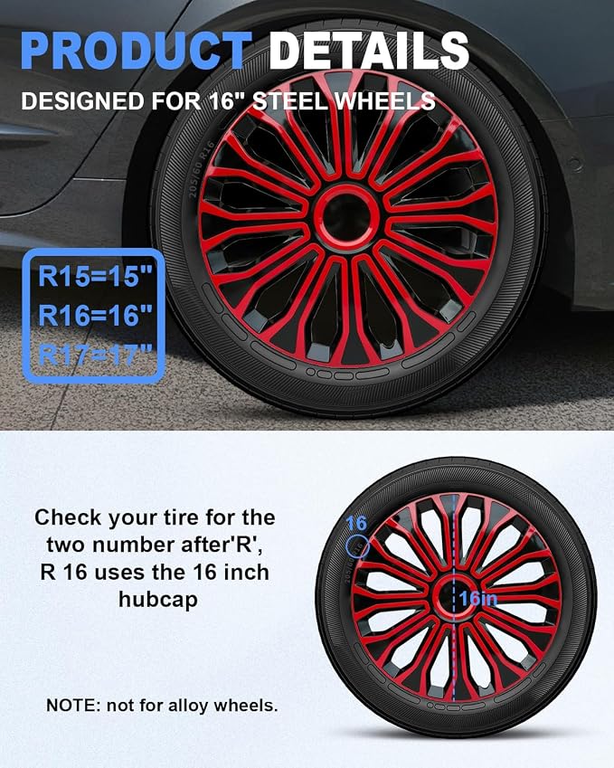 Hubcaps,16 inch hubcaps Set of 4, Wheel Rim Cover ABS Material, Snap On Car Truck SUV Replacement, for Toyota Camry Nissan Mazda etc, Black&Red