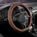 Steering Wheel Cover - Flat Bottom Wheel Cover Made with PVC Leather and Leopard Fabric - Universal Fit for 15-Inch D-Shaped Automotive Steering Wheels (Brown Color)