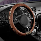 Steering Wheel Cover - Flat Bottom Wheel Cover Made with PVC Leather and Leopard Fabric - Universal Fit for 15-Inch D-Shaped Automotive Steering Wheels (Brown Color)