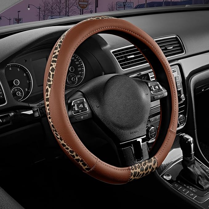 Steering Wheel Cover - Flat Bottom Wheel Cover Made with PVC Leather and Leopard Fabric - Universal Fit for 15-Inch D-Shaped Automotive Steering Wheels (Brown Color)