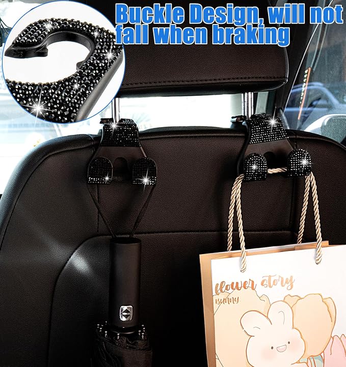 Bling Car Purse Hooks 2Pcs, Durable Car Headrest Hook, Holds 44Lbs, Double-Hooks, Wide-Opening, Rhinestone Automobile Purse Hangers Holder, Bling Car Accessories for Women, Black