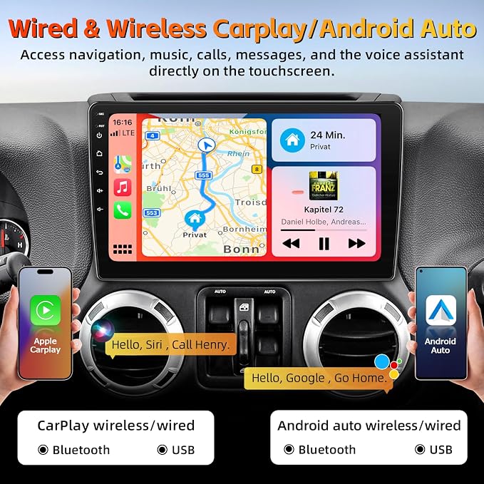 Car Stereo Radio Upgrade for Jeep Wrangler JK 2007-2018 Replacement 2+64G Android 15 Head Unit with 10 Inch Touch Screen CarPlay Android Auto Backup Camera