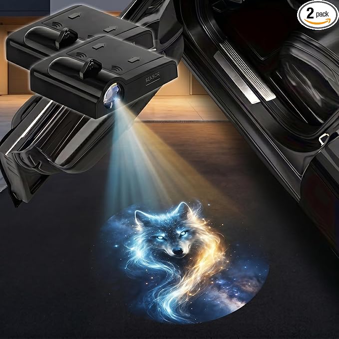 2PCS Galaxy Wolf Car Door Lights Projector, Magnetic Logo Projector Door Lights, Wireless LED Welcome Puddle Light, Wolf Car Accessories Decor, Wolfs Gifts for Women Men, Fit All Vehicles Motorcycle
