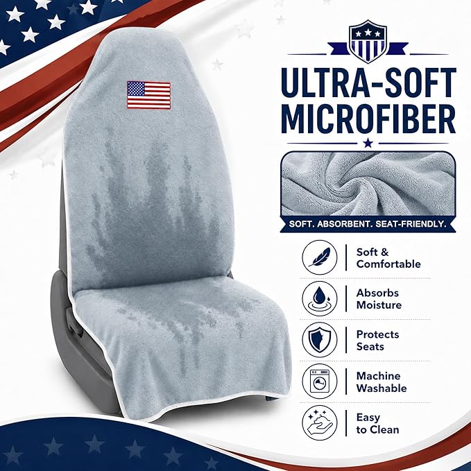 Car Seat Towel Cover, Sweat-Proof & Absorbent Microfiber Seat Protector for Gym, Workout & Beach, Universal Fit for Most Cars, SUVs & Trucks, 59"x29", Silver Gray Flag (2-Pack)