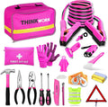 Car Emergency Kit for Teen Girl and Lady's Gifts, Pink Emergency Roadside Assistance kit with Pink Car Tool Set, 10FT Jumper, First Aid Kit, and More Ideal Pink Car Accessories Tool - E8