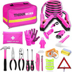 Car Emergency Kit for Teen Girl and Lady's Gifts, Pink Emergency Roadside Assistance kit with Pink Car Tool Set, 10FT Jumper, First Aid Kit, and More Ideal Pink Car Accessories Tool - E8