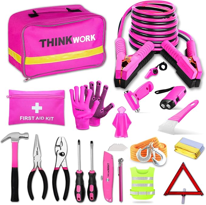 Car Emergency Kit for Teen Girl and Lady's Gifts, Pink Emergency Roadside Assistance kit with Pink Car Tool Set, 10FT Jumper, First Aid Kit, and More Ideal Pink Car Accessories Tool - E8