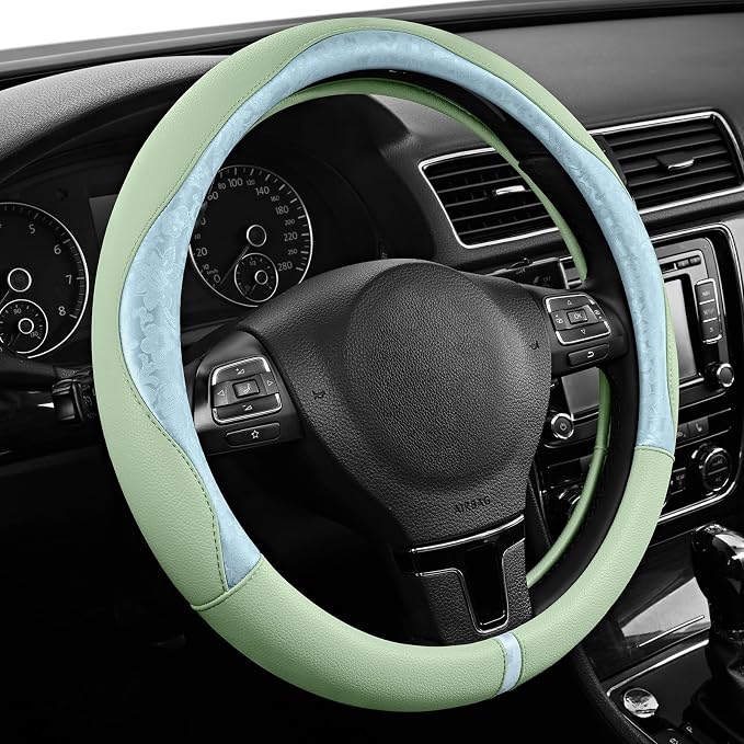 Steering Wheel Cover, Light Blue Patterned & Green Leather Patchwork Design, Universal Fit 14.5"–15.5", Anti-Slip, Odor-Free, Soft Grain Leather, Durable Grip Car Accessory for Girls & Women
