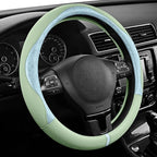 Steering Wheel Cover, Light Blue Patterned & Green Leather Patchwork Design, Universal Fit 14.5"–15.5", Anti-Slip, Odor-Free, Soft Grain Leather, Durable Grip Car Accessory for Girls & Women