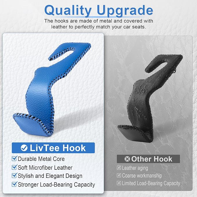 Blue Superior Leather Car Seat Back Headrest Hook, Auto Seat Hook Hangers Interior Accessories for Purse Coats Umbrellas Grocery Bags Handbag, 2-Pack