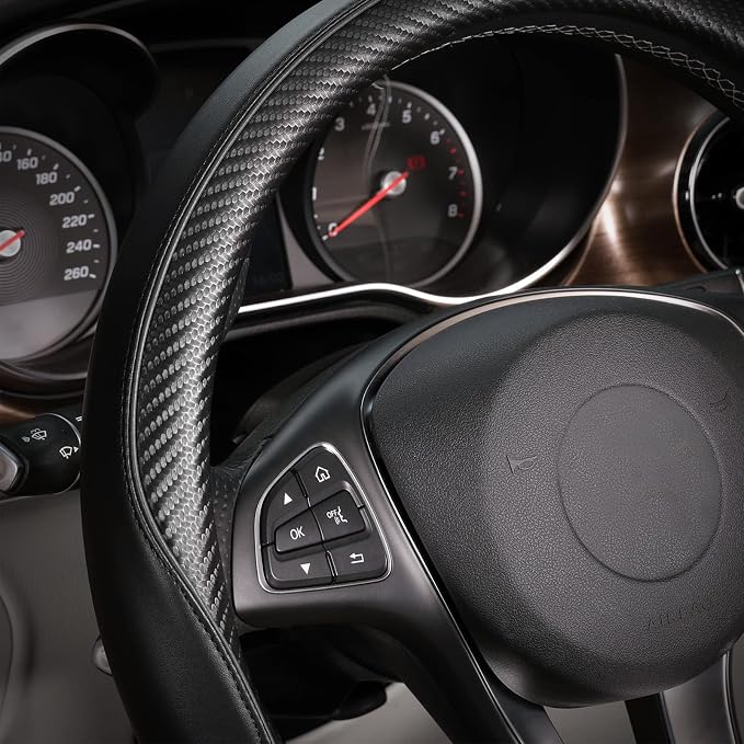 Car Steering Wheel Cover Universal Standard-Size 14 1/2"-15" Leather with Carbon Fiber Pattern Black
