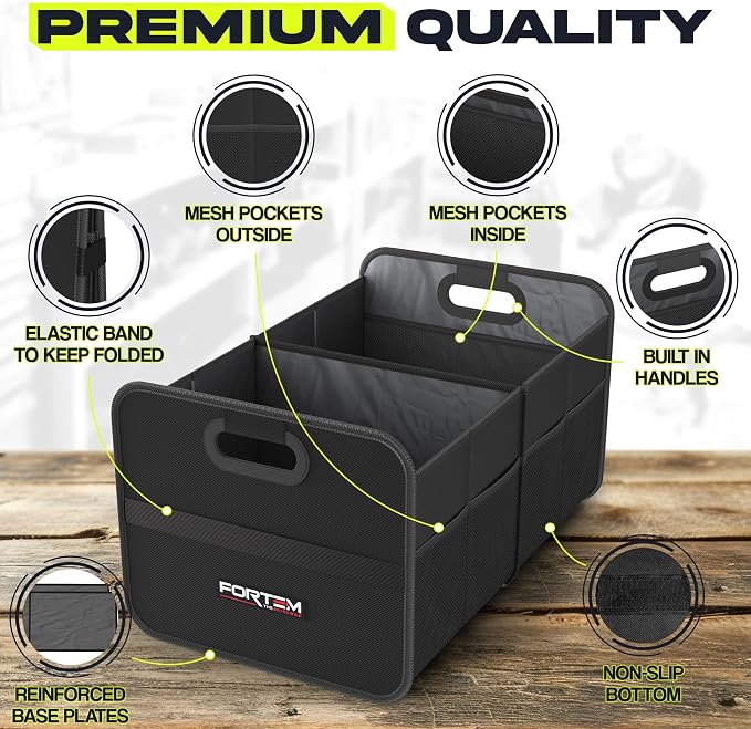 Car Trunk Organizer, Collapsible Two Compartment Organizer, Foldable SUV & Truck Storage for Car Accessories for Women Men, Non Slip Bottom, Sturdy Side Walls, Strong Handles, 45L