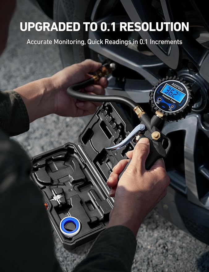 Digital Tire Pressure Gauge with Inflator, 3-250 PSI Air Chuck & Compressor Accessories Heavy Duty with Quick Connect Coupler, 0.1 Display Resolution, 1Pack Standard, with case