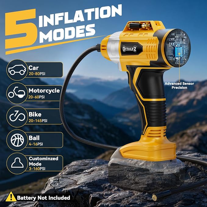 160PSI Cordless Tire Inflator Compatible with Dewalt 20V Battery, DC 12V Portable Air Compressor with Digital Pressure Gauge, 2X Faster Air Pump for Car, SUVs, Motor, Bike, Ball (Tool Only)