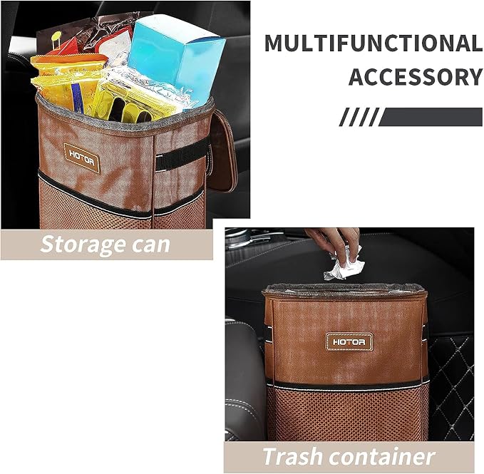 Brown Car Trash Can with Adjustable Strap, Magnetic Snaps, Waterproof Lining, and Storage Pocket