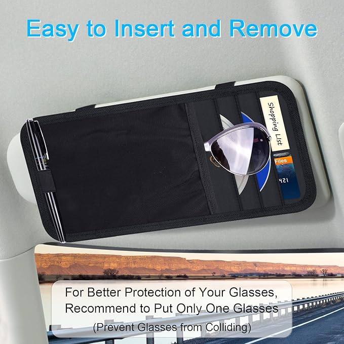 Car Sun Visor Organizer, Auto Storage Pouch with 3 CD Sleeves, Pen Holder, Strap & Pocket for Sunglass, Document, Card -Black
