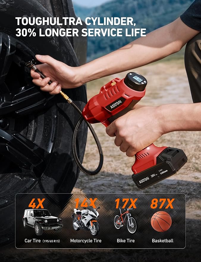 C2 Cordless Tire Inflator Air Compressor 20V Rechargeable Battery Powered 160PSI Portable Air Pump with 12V Car Power Adapter Digital Pressure Gauge for Cars Motorcycles Red