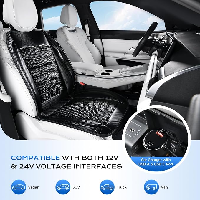 Coverado Cooling Car Seat Cover, Ventilated Seat Cushion for Summer, Cooling Car Seat Pad with Dual Powerful Turbo Fans Universal Fit for Sedan SUV Truck Van, Black