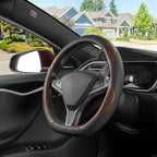 D Shaped Steering Wheel Cover, Flat Bottom Car Wheel Cover 14 1/2-15 in. (37-39 cm), Black and Mocha Brown Microfiber Leather