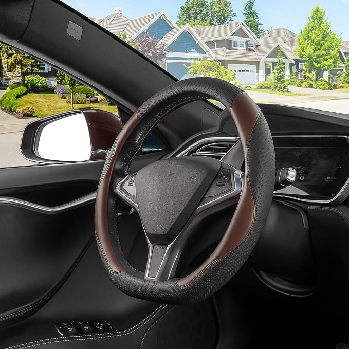 D Shaped Steering Wheel Cover, Flat Bottom Car Wheel Cover 14 1/2-15 in. (37-39 cm), Black and Mocha Brown Microfiber Leather