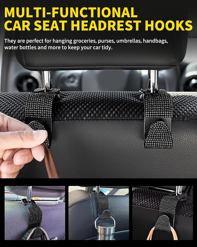 4 Pack Blink Diamond Car Seat Headrest Hooks Crystal Rhinestone Car Purse Holder Universal Interior Accessories for Handbags, Water Bottles, Coats, Umbrellas, Black