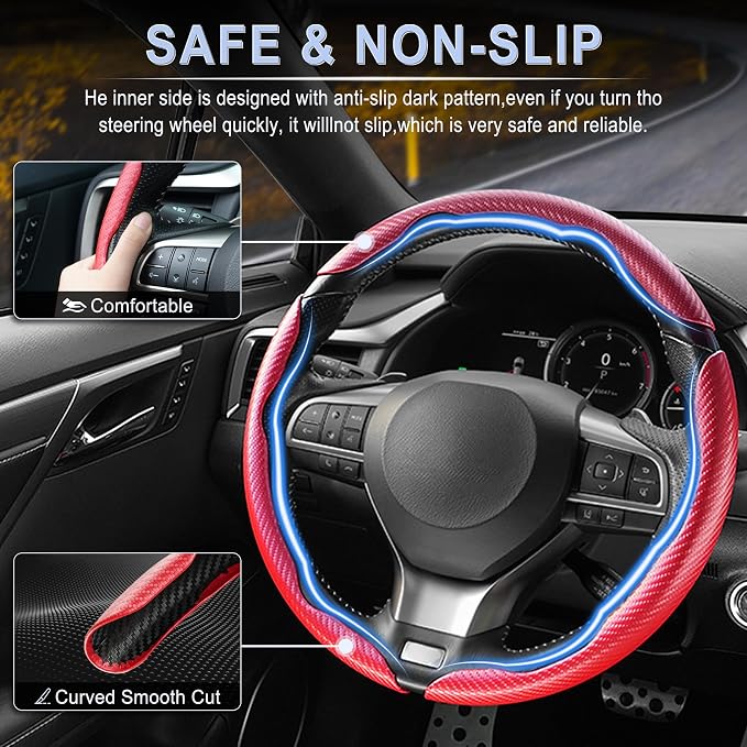 3pcs Carbon Fiber Anti-Skid Steering Wheel Cover, Waterproof & Segmented Butterfly Design, Universal 99% Vehicle Wheel Cover Protector, Car Interior Accessories (Red-3pcs)
